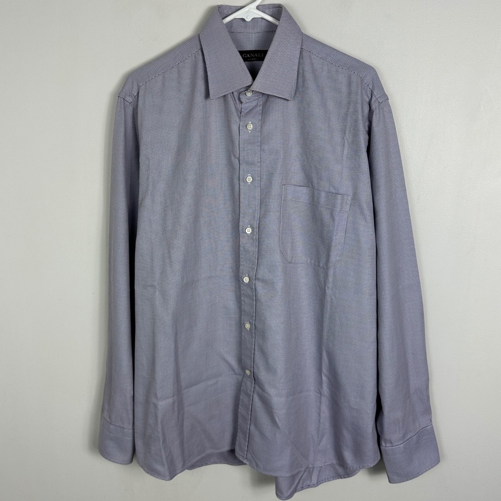 Canali Italy Mens Long Sleeve Collared Dress Shirt Blue Size 43 Neck 17 Cotton